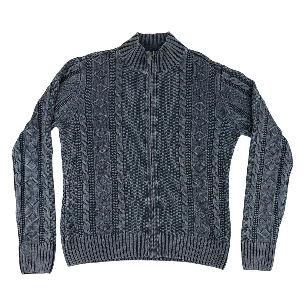 Carbon 2 Cobalt Full Zip Sweater Mens Large Blue Gray Linen Cotton Cable Knit
